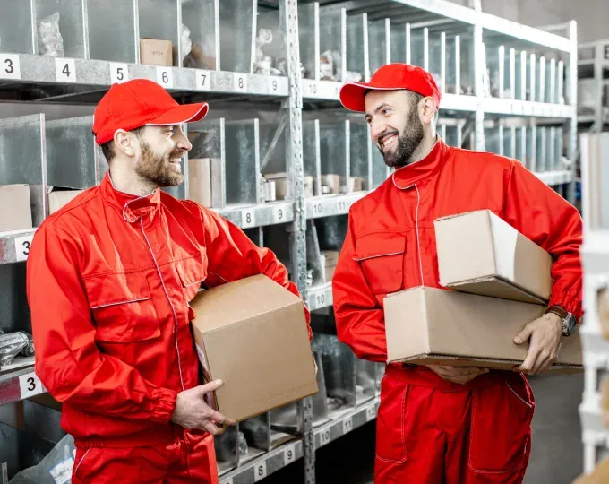 Zwei Mitarbeiter von Fix Entrümpelung räumen ein Lager bei einer Firmenauflösung