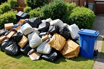 Gesammelte Müllsäcke und Sperrmüll zur Abholung im Garten